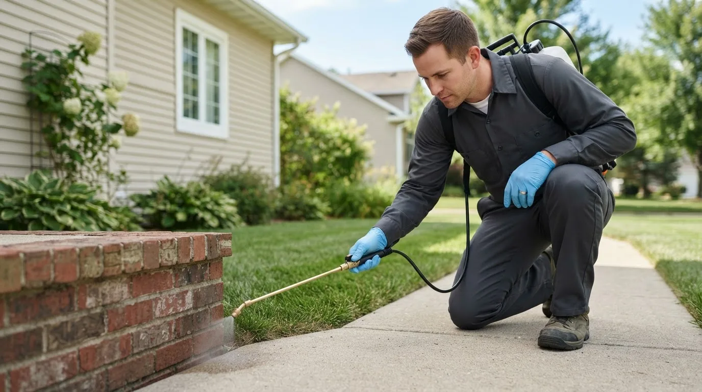 Pest control technician treating a home near Welton, IA