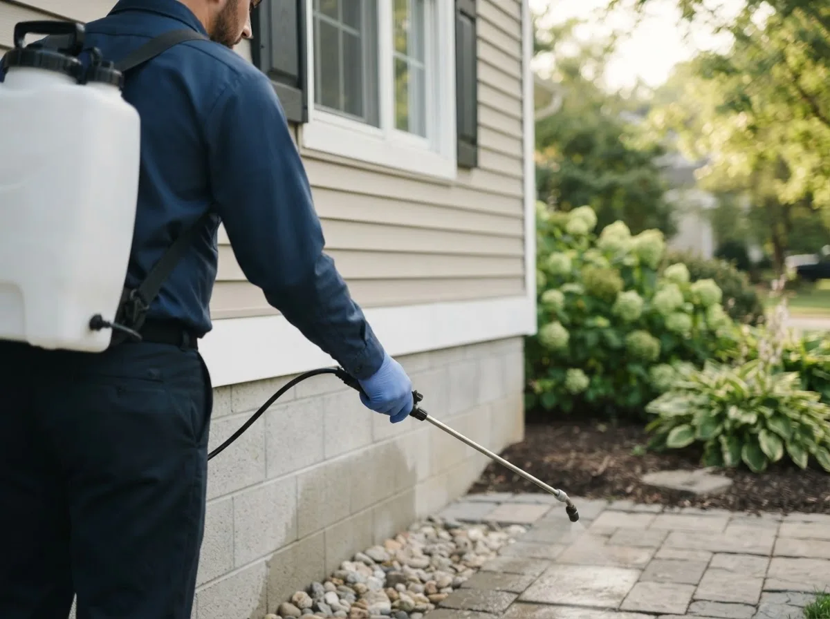 Pest control technician inspecting a home in Welton, IA
